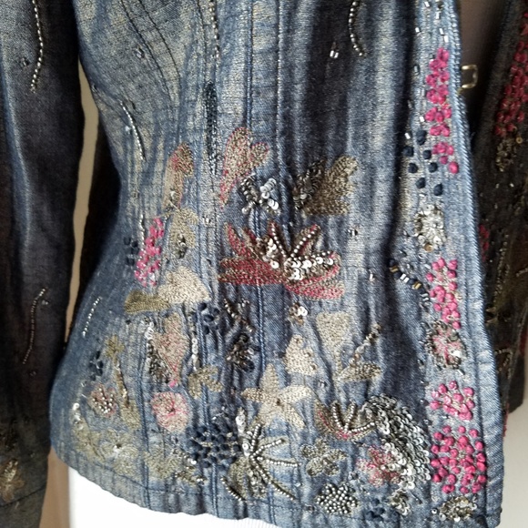 Chico's Metallic Denim Beaded Jacket & Necklace - Picture 3 of 8